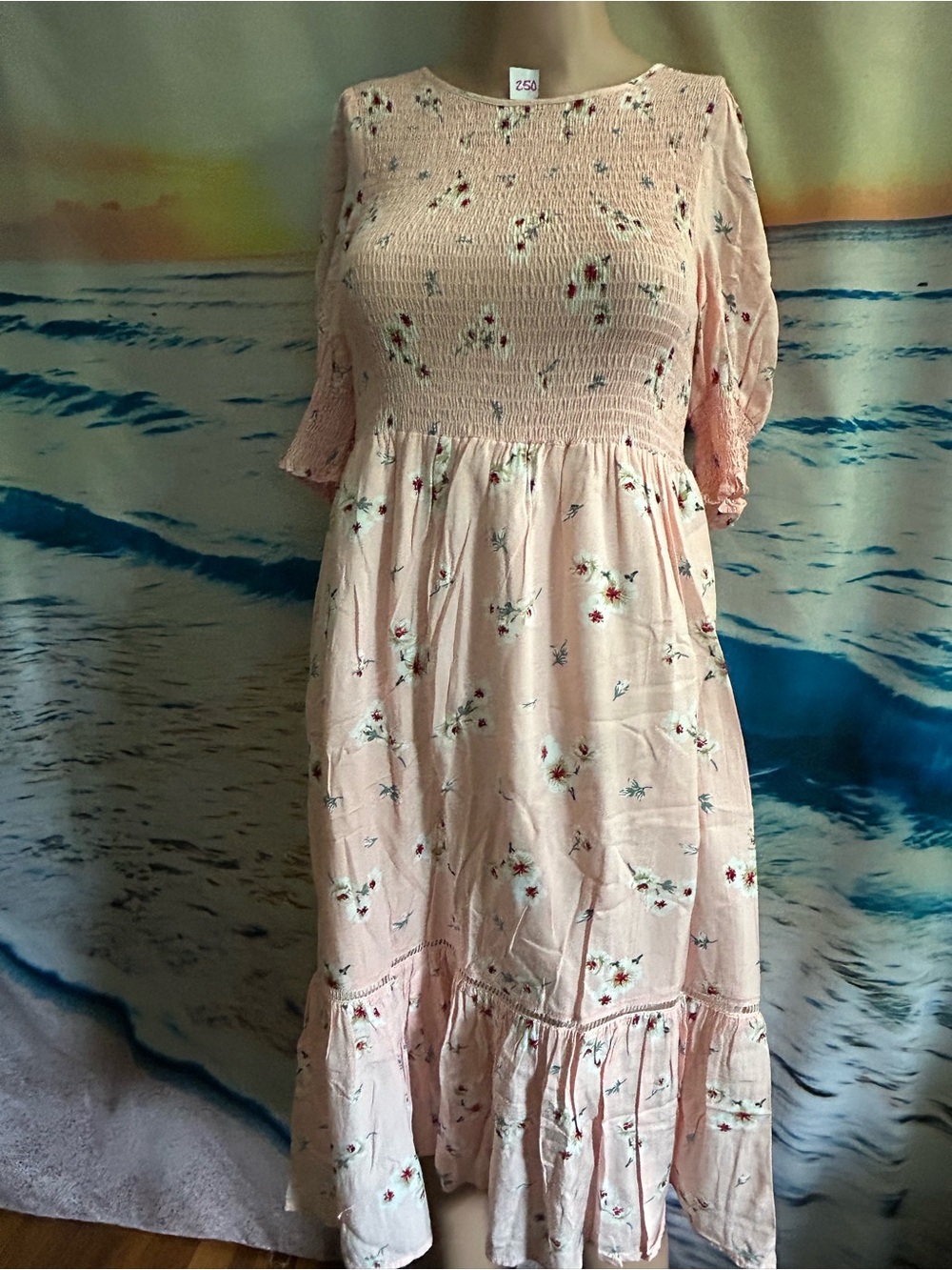 Yakira Bella Floral Pink & White Daisy Smocked Midi Dress SM